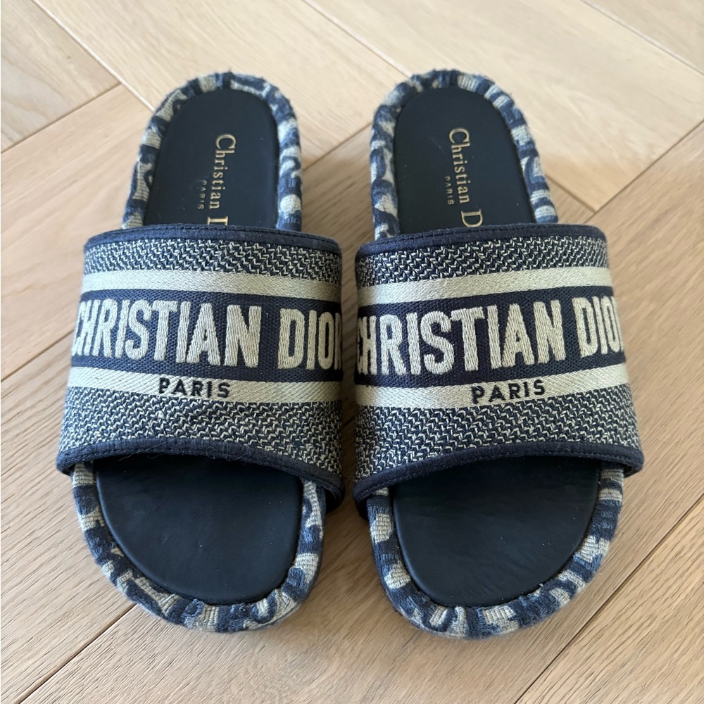 Christian Dior Dway Platform Slides Blue Oblique Embroidered Sandals Sz 37 US 7